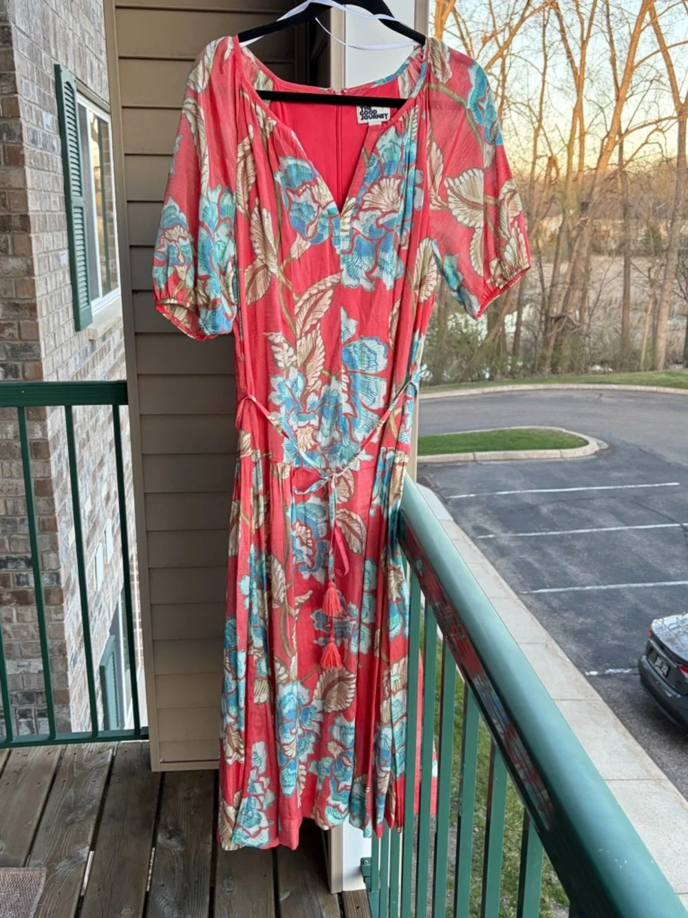 ππThe Good Journey Floral Midi Dress Size L Coral Pink Blue Boho Vacation - Picture 3 of 17